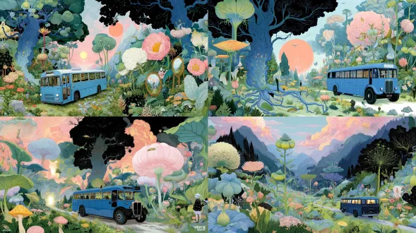 宽幅平涂手绘，超现实童话幻境，上下留白，复古公交车居中行驶在青绿柔缓草坡，巨大奇花异草环绕车身；前景竖立一面古镜，镜面映照温柔人影；远景暖光门洞悬着落日，画面一半明亮幻境、一半幽暗秘境。色彩柔和渐变，主色调青绿、浅蓝、柔粉，整体氛围梦幻治愈。不要厚重写实笔触，不要刺眼高对比色彩，不要画面拥挤无留白，不要现代建筑。
