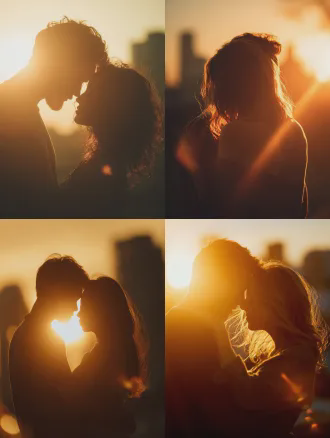 夕阳下情侣逆光相拥，剪影轮廓，发丝发光，浪漫温馨，背景是金色天空与模糊城市天际线，对焦于肩膀轮廓，柔焦效果，长焦镜头，浅景深，温暖色调，背光，高光溢出，唯美，情感饱满，电影感。