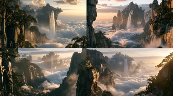 正向提示词 宏大史诗仙侠远景，连绵浮空仙山，巨型上古仙宫坐落山巅，万丈瀑布坠入翻涌云海，清晨黄金侧逆光，丁达尔光束穿透云层，大气透视，远山朦胧，风化花岗岩山体，交错岩石裂隙，岩面剥落褪色，凹陷积灰生苔藓，岩缝盘绕裸露古松树根，崖壁流淌雨水水渍，谷底散落大量风化碎石，云海絮状层次，水汽微粒，arri alexa 拍摄，富士 classic neg 胶片，2.39:1 宽银幕，8k，85mm 镜头，浅景深，细微胶片颗粒，实景电影拍摄质感 负面提示词 卡通，动漫，二次元，插画，手绘，3d 渲染，游戏建模，光滑塑料，过度发光，高饱和色彩，干净无磨损，扁平光影，文字水印，完美光滑白玉，崭新石材，无风化痕迹，均匀云雾