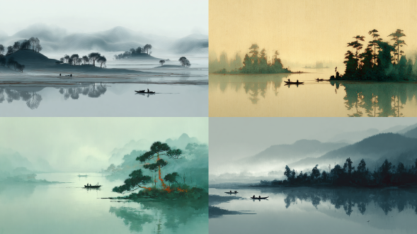 chinese landscape, minimalism, landscape painting with multiple layers of color fields. the picture is clean and the overall atmosphere is ethereal and sacred, with dense lines forming lakes, boats, and trees, high detail, high quality, high resolution, 16k