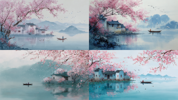pure_landscape,artistic_conception_ink_painting,a large-scale blooming painting using light blue ink, with soft tones and mist, depicting a serene lake with an ancient dwelling villa from landscape paintings. a small ink painted figure of a chinese ancient man wearing traditional hanfu and hat on a boat in the lake, surrounded by pink plum blossoms ,flying white birds to the sky. the scene is complemented by distant mountains, embodying pure minimalism and chinese freehand brushwork in a traditional chinese landscape painting style.