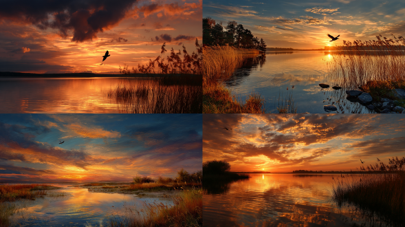 描绘了一幅绝美的自然景色，天边落霞绚烂如燃烧火焰，孤鹜在霞光中翱翔，秋水澄澈与天空相融，微风拂过湖面泛起涟漪，湖水在余晖下闪金光，湖边芦苇随风摇曳吟唱。
