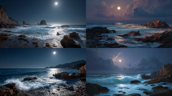 傍晚月光下，海浪拍打着礁石，电影质感，治愈系风景
