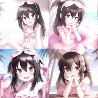 summer theme, anime girl, short brown hair, pink polka dot bikini with frills, cherry decorations, pink goggles on head, beach scene, blue sea, white clouds, palm trees, gentle sunlight, sweet and innocent expression, soft pastel colors