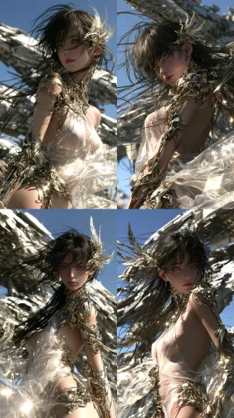 masterpiece, best quality, ultra-detailed, 8k photorealistic, cinematic backlighting, sun flare, dappled sunlight, 1 stunning beautiful east asian young girl, long flowing messy black hair with thin bangs, pale delicate skin, light grey clear eyes, indifferent cool expression, wearing translucent glowing white tulle dress, intricate gilded cyber mechanical armor decorated on shoulder, neck, arm and waist, delicate gilded metal feather hair ornament, long hair blowing in wind, huge sci-fi interstellar battleship behind character, clear bright blue sky, low angle shot, shallow depth of field, realistic translucent fabric texture, sparkling metallic luster, sci-fi xianxia fusion aesthetic, soft natural light, ultra detailed facial features
