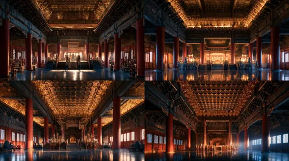 中国汉超宫殿大殿内，对称构图，华丽非凡，鎏金飞檐朱红立柱，广角镜头，空灵华丽，皇家磅礴气势，超现实暖金冷青撞色