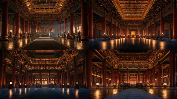 中国汉朝宫殿大殿内，对称构图，华丽非凡，鎏金飞檐朱红立柱，广角镜头，空灵华丽，皇家磅礴气势，超现实暖金冷青撞色