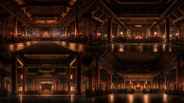 中国汉朝宫殿大殿内，对称构图，华丽非凡，鎏金飞檐朱红立柱，广角镜头，空灵华丽，皇家磅礴气势，超现实暖金冷青撞色