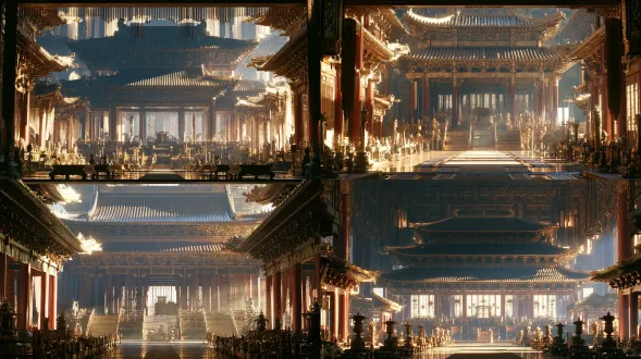 汉朝宫殿大殿内对称构图，鎏金飞檐朱红立柱，华丽非凡，广角镜头，空灵华丽，皇家磅礴气势，超现实暖金冷青撞色，全景深，柔光漫射，庄重肃穆。