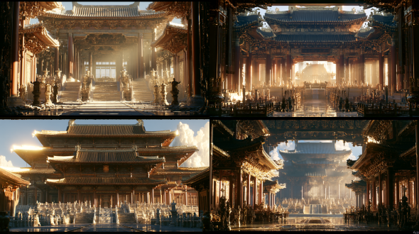 汉朝宫殿大殿内对称构图，鎏金飞檐朱红立柱，华丽非凡，广角镜头，空灵华丽，皇家磅礴气势，超现实暖金冷青撞色，全景深，柔光漫射，庄重肃穆。