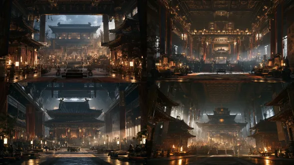 史诗般的东方中式宫殿内部，传统中国建筑风格，王宫室内大殿，华丽真实，气派非凡。 电影氛围，东方幻想概念艺术，超精细细节，8k，辛烷值渲染，大气雾，景深