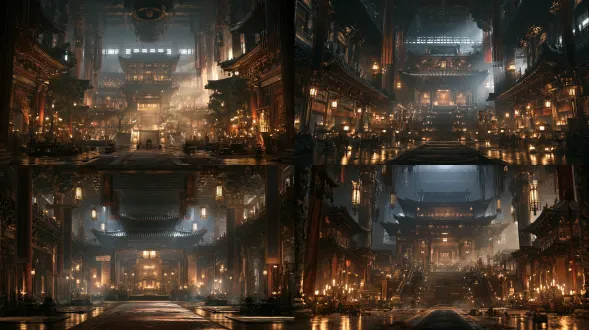 史诗般的东方中式宫殿内部，传统中国风格，王宫室内大殿，华丽真实，气派非凡。 电影氛围，东方幻想概念艺术，超精细细节，8k，辛烷值渲染，大气雾，景深