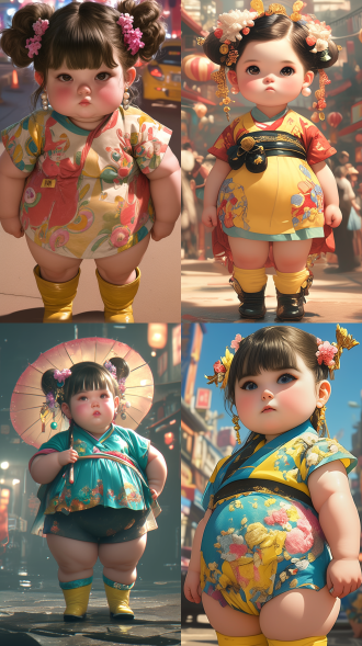 "超现实主义3d渲染风格，胖嘟嘟五岁古代小女孩，唐代倭堕髻配鎏金头饰粉色花簪，精致珍珠耳饰，破无袖背心可爱图案短裤裙，肚皮微露，圆润婴儿肥，杏仁眼柳叶眉红唇，全身汗水，黄色小短靴，地下停车场，正面照，9:16比例，高光阴影强烈，4k高清，太阳直射，动态捕捉，细腻皮肤纹理，活泼俏皮表情，古风与现当代碰撞"