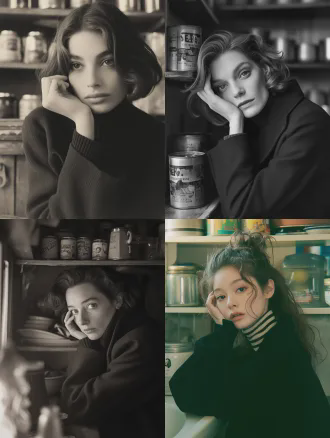 一位优雅女性身着黑色大衣与黑白条纹高领毛衣，左手轻托脸颊，背景是摆满罐头与玻璃器皿的置物架，室内环境，浅景深特写，柔和侧光，胶片质感，安静沉思，单色系点缀，环境肖像，35mm镜头，自然光，电影感，怀旧氛围。