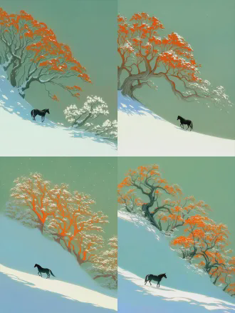 一匹黑马在雪坡上行走，背景是开满白花的巨大橙色树木，天空是柔和的绿色，数字绘画风格，干净线条，扁平色彩，极简主义构图，对角线视角，广角镜头，冷色调，柔光，宁静氛围，超现实主义环境，高细节，空灵美感。