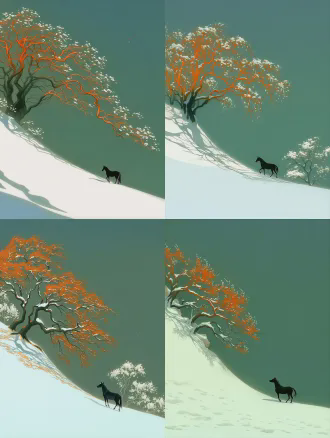 一匹黑马行走在雪坡上，背景是开着白花的橙色大树，天空呈暗绿色，数字绘画，干净线条，扁平色彩，极简主义，对角线构图，广角镜头，侧光，轮廓光，平静行走，矿物岩彩画纹理，中国古风意境，中国古画风格，淡雅色调，宁静感。