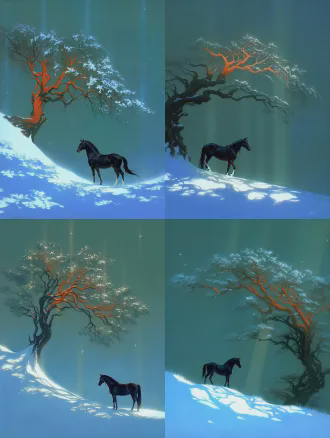 一匹黑色骏马屹立于造型独特的大树下，背景为深蓝色夜幕，柔和光束精准照亮马匹与树干，史诗感构图，全身像，低角度拍摄，星光点缀，氛围光，冷色调与暖光对比，广角镜头，浅景深，马匹神态宁静而威严，强调力量与孤寂之美。