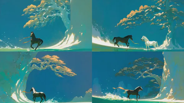 白色骏马在绿松石色水域中奔腾，口中衔着飘动的橙色丝带，背景是蓝天下的岩石景观，水花四溅，动画风格，充满活力，动态构图，广角镜头，高速快门，侧逆光，飞溅的水珠，鲜明色彩，飘逸丝带，振奋情绪，高饱和度，电影感画面，史诗感场景，细节丰富。