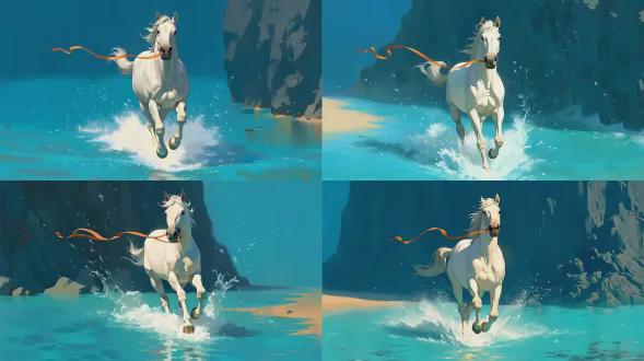 白马在绿松石色海水中奔驰，飞溅的水花，口中衔着飘逸的橙色长丝带，正面视角，极简主义岩石悬崖背景，动态模糊，高速快门，广角镜头，戏剧性侧逆光，清澈水面，冷色调与暖橙色对比，自由奔放