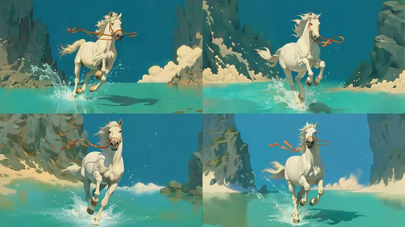 白色骏马身披橘色绸缎腾跃于青绿湖面，背景嶙峋山石与蓝天，水花飞溅，动态十足，矿物岩彩画风格，中国古风意境，绢本设色，工笔重彩，青绿山水，流云纹样，古朴斑驳质感，侧逆光，马蹄扬起水珠，绸缎飘逸，宁静而富有诗意，典雅华丽。