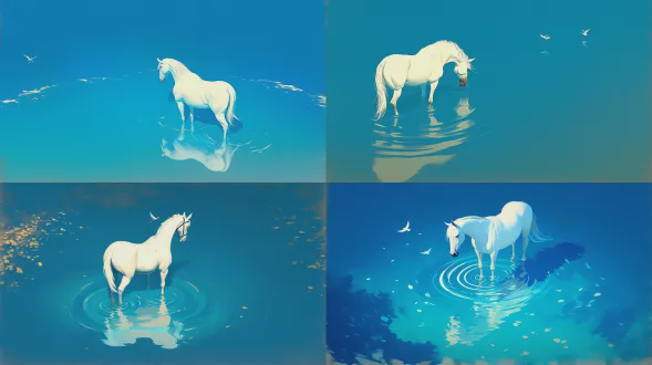 一匹白马站在浅水中，蹄边泛起涟漪，水面呈蓝渐变，从背景深蓝过渡到前景浅蓝，远处几只飞鸟，宁静祥和，自然摄影，广角镜头，柔和的自然光，浅景深，渐变色彩，平静情绪