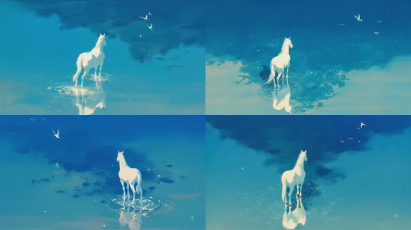 有些矿物岩彩画，中国古风意境，中国古画风格``` a white horse standing in shallow water, creating ripples around its legs. the water is a gradient of blue, transitioning from a deeper blue in the background to a lighter blue in the foreground. in the background, there are a few birds flying. the overall scene has a serene and tranquil atmosphere. ```