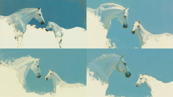 两只白色骏马相对而立，一大一小，中国古风矿物岩彩画风格，宣纸质感，淡雅天青背景，细腻笔触与斑驳岩彩肌理，画面留白富有诗意，马匹神态宁静庄严，柔和自然光，全景构图，宁静致远，典雅柔和色调，静谧情感，工笔与写意结合。