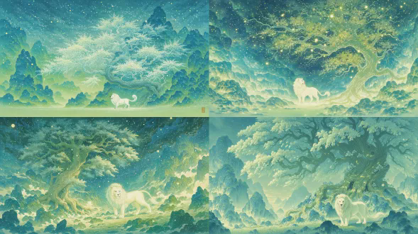 白色雄狮矗立于盘曲古树前，超现实风景，青绿山水色调，矿物岩彩画风格，中国古风意境，工笔技法细腻，宣纸纹理，柔和漫射光，散点透视，典雅空灵，雄狮威严宁静，天空渐变蓝，地面淡绿，整体梦幻出世，古画质感，宁静祥和氛围。