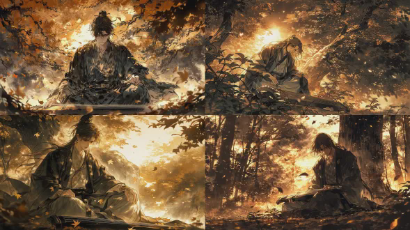 a passionate poet sits alone in the autumn woods, leaves fluttering around, the remaining glow of the sunset, melancholic gaze into the distance, ancient-style robe, furrowed brows, ink wash technique, wide-angle lens, soft blur effect, warm gold tones, side backlight, profound emotions, poetic atmosphere, solitary figure, scattered leaves, beside a guqin, classical scenery, emotional tension, beautiful composition.
