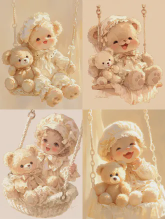 a cute baby with an open mouth expression, wearing a light cream romper with ruffles and a matching beret, sits in a cream-colored textured swing next to a fluffy teddy bear, against a soft beige background, in a studio shot with warm, gentle lighting.