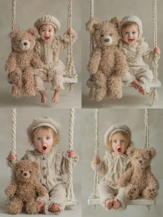 a cute baby with an open mouth expression, wearing a light cream romper with ruffles and a matching beret, sits in a cream-colored textured swing next to a fluffy teddy bear, against a soft beige background, in a studio shot with warm, gentle lighting.