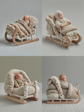 ``` a baby lying in a white wooden sleigh with beige knitted blankets, against a plain beige background. the sleigh has white chains and a wooden handle. ```