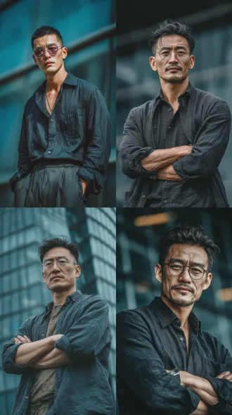 沈恪，锐利目光透过防蓝光眼镜，深色衬衫袖口卷起露出小臂线条，冷峻站立于现代办公室玻璃幕墙前，理性疏离气质，电影感肖像，轮廓光，冷色调，长焦镜头，浅景深，低饱和度，专业权威氛围。