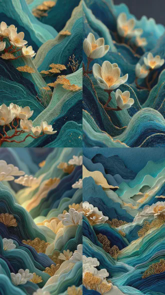 纸艺飞天，青蓝飘带化作山峦层叠，白玉兰枝缠绕立体石窟，金箔云纹流转留白，精细剪纸风格，立体构成，浅景深，柔光，飘逸动态，冷色调主调，金色点缀，宁静空灵，超现实风景，微距细节，工作室灯光。