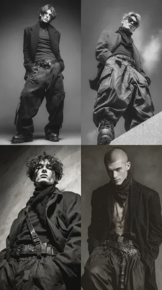 酷帅男模，暗黑朋克风格，身着宽松简约不规则套装配独特系带装饰腰带，搭配皮草、多层围巾、皮质绑带与金属扣，姿态帅气。超广角强透视构图，张力压迫感十足，电影级光影，明暗对比强烈，阴影过渡自然，8k超清画质，极致细节，线条清晰，立体渲染，视觉冲击力强，故事感与高级感并存。