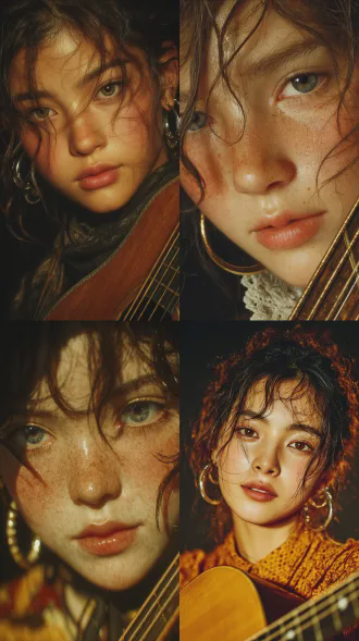 超写实人像摄影，原比例9:16，20岁中国女性，瓜子脸白皮，棕色微卷长发，佩戴银色大圈耳环，舞台演唱场景，怀抱原木色民谣吉他，手指拨弦，神情温柔投入，深色舞台背景，暖黄色柔光打亮发丝与面部，32k超高画质，特写镜头，清晰呈现皮肤纹理、发丝质感与乐器细节，灰瞳，精致深邃妆容，丹凤眼长睫毛，光泽饱满嘴唇，神态妩媚冷艳动人，画面氛围感强，细节丰富真实。