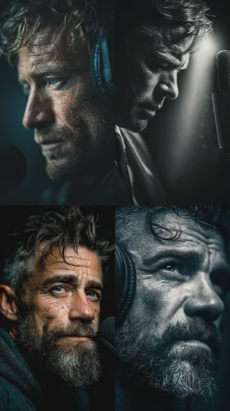 电影级镜头，电台主播，四十岁亲和男性，麦克风工作室，克里斯托弗·诺兰风格，特写肖像，低角度拍摄，昏暗演播室，单束顶光，高对比度，冷色调，深邃阴影，沉思表情，轻微颗粒感，戏剧性氛围，紧张专注。