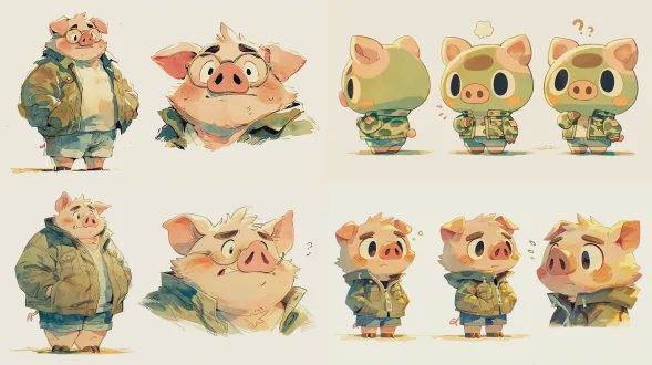小猪妖三视图和面部特写，朴素的草绿色短褂与灰蓝色短裤，眼神从思索迷茫转为温暖坚定，勇敢善良，柔和漫射光，低饱和度莫兰迪色系，暖绿灰蓝土黄暖棕，白色背景，手绘水彩厚涂质感，柔和笔触，色彩自然晕染，2d动画，浪浪山风格，全身展示，情绪转变。