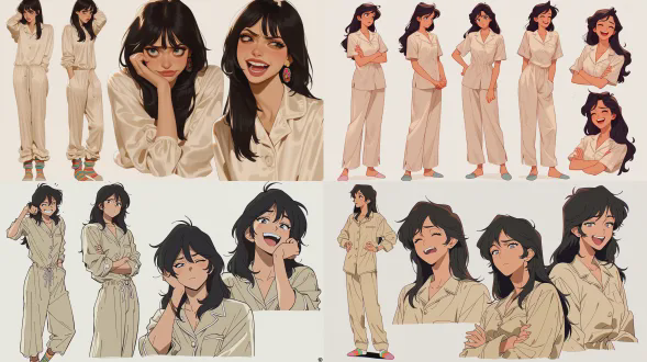 安雅演员初期后期对比照，全身三视图与面部特写，精致黑长直，妆容从疲惫到明亮，米白丝绸家居服与彩色袜子配饰，情绪从焦虑紧绷到开怀大笑，干净背景，2d动画风格，大师级品质，时尚插画，高细节，柔光，情感转变，生动表情，色彩对比鲜明。
