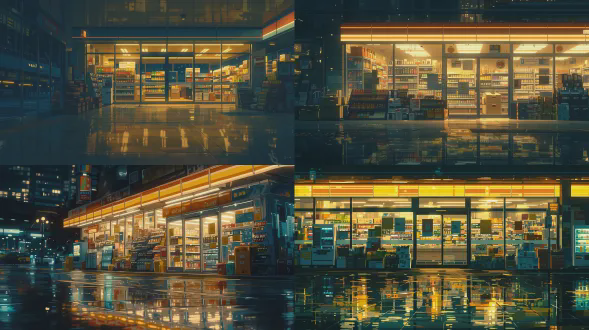 2d动画风格，便利店夜景，中景构图，暖黄灯光洒在湿滑路面，霓虹招牌倒影，城市背景虚化，干净无人物，电影感布光，氛围普通却带戏剧性，高对比度，广角镜头，侧光，冷色调与暖光交织，宁静而略带孤独。