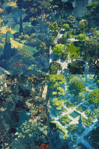 a garden, anime-style background scenery. vibrant colors with cel-shading technique. detailed urban or natural landscape. stylized architecture and vegetation. dramatic lighting and atmospheric perspective. clean linework defining structures and objects. subtle textures for added depth. overall composition inspired by classic anime aesthetics.