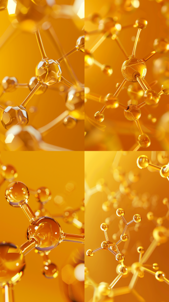 金黄色氨糖分子3d模型，半透明材质，暖黄到橙渐变背景，简洁构图，强对比度，实验室场景，柔和顶光，立体渲染，科技感，几何美学，光滑表面，分子键细节，冷色调分子与暖色背景碰撞，未来感，科学可视化，高清8k，等距视角，微距镜头，光线折射，抽象极简