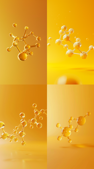 金黄色氨糖分子3d模型，简约结构，半透明材质，悬浮于暖黄至橙色渐变背景，干净线条，强对比，等距视角，柔和边缘光，科技感，平面设计风格，抽象科学，几何美感，现代实验室氛围，发光效果，柔和阴影，高光点缀，冷色调分子与暖色背景碰撞，视觉冲击力。