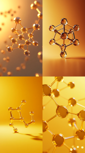 金黄色氨糖分子3d模型，半透明材质，简约几何结构，暖黄到橙色渐变背景，柔和点光源，强光影对比，中心对称构图，科幻风格，光滑表面，高细节渲染，实验室环境，科技感，抽象科学，暖色调，未来感，简洁干净，视觉冲击力
