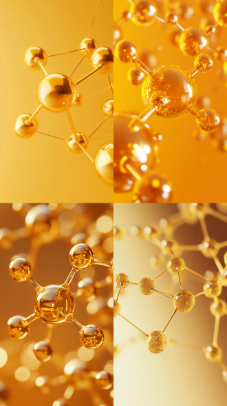 金黄色分子结构3d模型，简约风格，半透明材质，软骨素元素，暖黄到橙渐变色背景，强对比，干净线条，等距视角，柔和散射光，科技感，抽象科学，几何形状，高光泽表面，无阴影，现代实验室风格，未来感，明亮色调，精确细节，平滑渲染，视觉焦点居中。