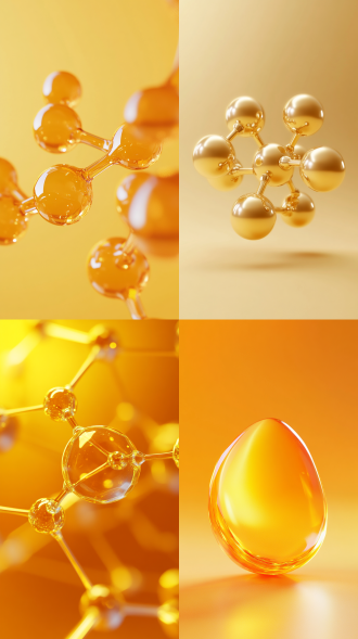 金黄色软骨素元素3d简约模型，半透明悬浮，暖黄色到橙色渐变背景，极简主义，强对比，柔和散射光，中心构图，光滑材质，高光反射，抽象科学风格，暖色调，未来感，纯净空间，几何形态，视觉冲击，微距镜头，无阴影，科技感