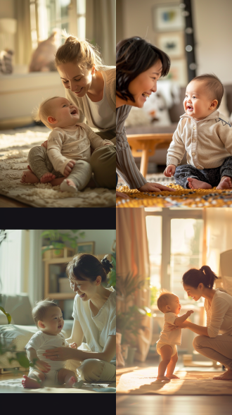 国外中年妇女举着宝宝开心互动，客厅白天自然光，柔和温暖色调，动态捕捉，微笑表情，居家休闲服，浅色系，亲子温馨氛围，中焦镜头，浅景深，高清晰度，自然光与补光结合，活泼动作，家居装饰背景，明亮色彩，欢乐情绪。