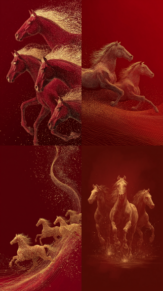 金色粉末骏马奔腾，深红背景，扁平矢量风格，优雅动态，拖曳闪烁微粒轨迹，星光点缀，简约哑光质感，史诗级构图，动态模糊，高对比度，对称布局，金属光泽，抽象艺术，流畅线条，华丽耀眼，梦幻氛围