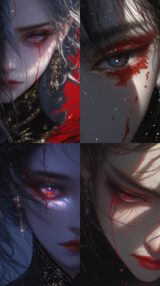 beautiful woman, diamond eyes, red tears, close-up shot, high contrast, dark tones, cool lighting, sad expression, delicate makeup, jewelry decorations, mysterious atmosphere, melancholic mood.,,in clothes