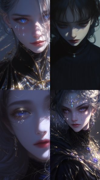 beautiful woman, diamond eyes, tears, close-up shot, high contrast, dark tones, cool lighting, sad expression, delicate makeup, jewelry decorations, mysterious atmosphere, melancholic mood.,,in clothes，渲染